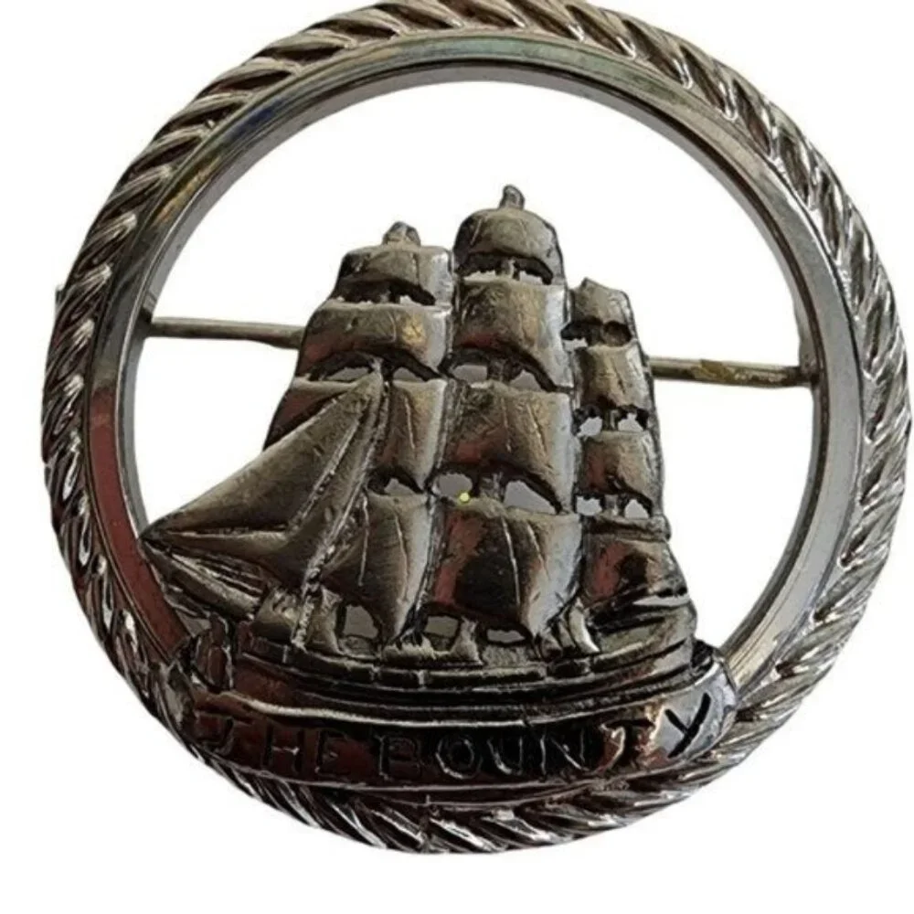 Vintage Silver Tone Round The Bounty Ship Boat signed MGM Brooch‎ Pin